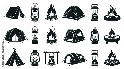 Camping Outdoor Adventure Icons Set. Black Silhouette Tents, Lanterns, Campfires Vector Glyphs