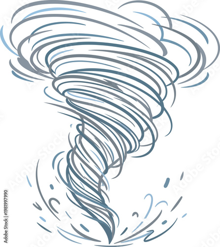 Artistic tornado vector with swirling vortex lines and ground debris, illustrating rotational motion and atmospheric energy, perfect for weather, science, and educational design projects.