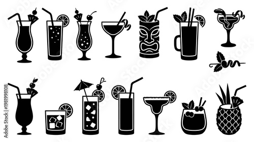 Tropical Cocktail Drinks Icons Black and White Glyph Vector Set