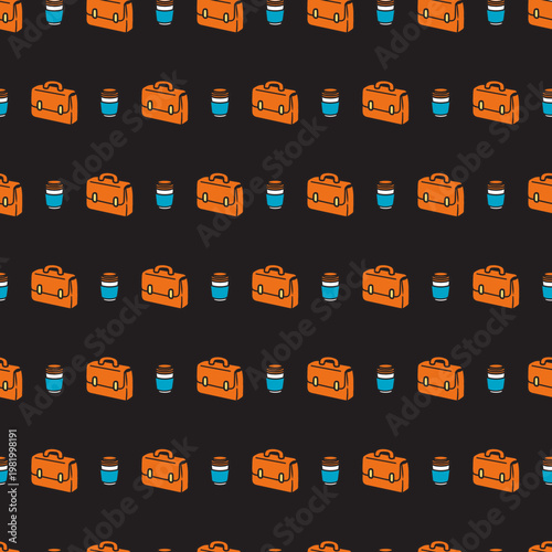 Workday Essentials Pattern Coffee and Office Bags. Ideal for corporate branding, office-themed wallpapers, business-related packaging, digital designs, stationery, and work-life illustrations.