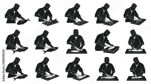 Chef Cutting Fish Icon Set, Food Preparation, Black and White Silhouette Art