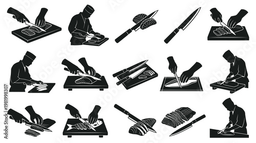 Food Industry Sushi Chef Fish Preparation Black  White Glyph Silhouettes Icons Set