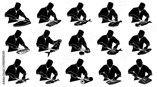 Chef Preparing Fish Silhouettes Set - Seafood Cooking Glyphs with Knife