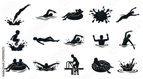 Sports  Recreation Swimming Glyph Icons Set. People Diving, Floating, and Water Activities.