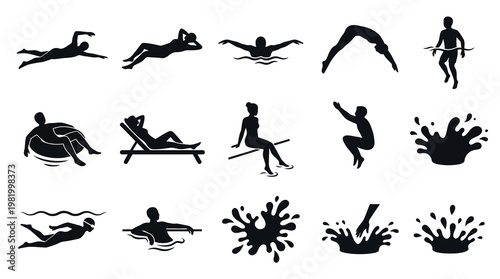 Summer Swimming  Water Sports Recreation Glyph Silhouette Icons