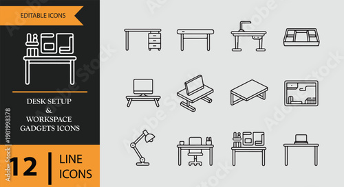 Editable line icons of desk setup and workspace gadgets