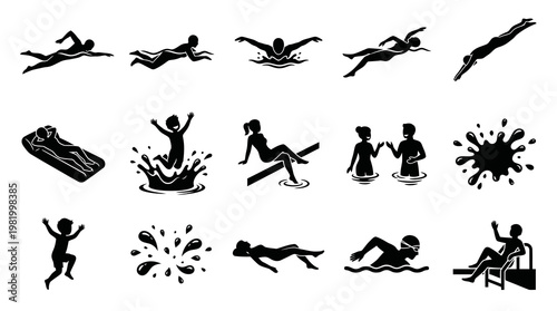 Swimming Pool and Water Activities Black Glyphs Silhouettes Vector Icons Set