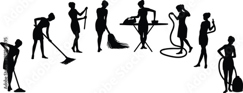 Women doing household chores silhouettes set, cleaning, ironing, vacuuming, mopping, representing domestic work, daily routine, and home maintenance concept