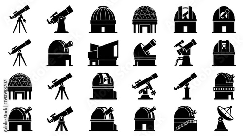 Astronomy and Observatory Telescopes Black  White Glyph Icons Set