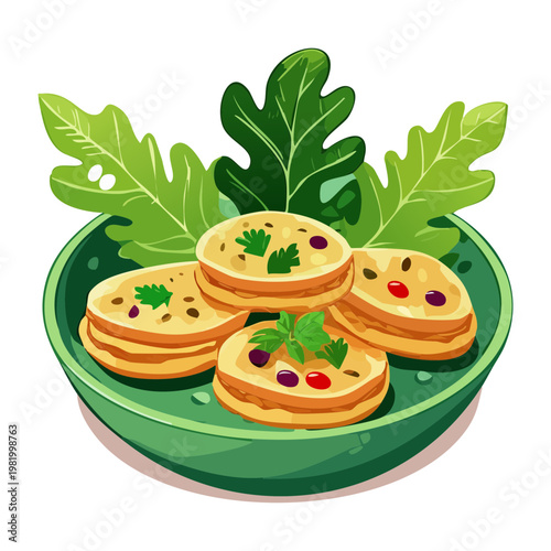 Golden savory pancakes or fritters with fresh lettuce on decorative green plate - Vector Illustration