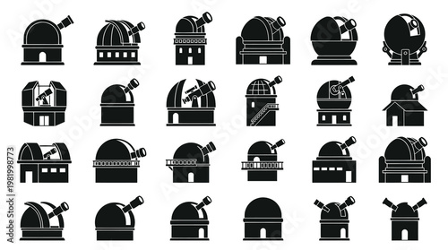 Black  White Glyph Icons of Astronomical Observatories and Telescopes