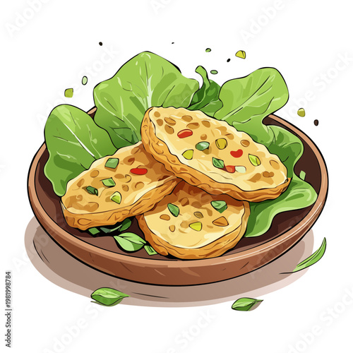 Sliced savory rolls with fresh lettuce garnish on wooden serving plate - Vector Illustration