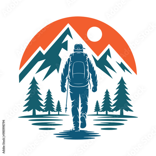 Hiker ascending towards a mountain range at sunset with a backpack