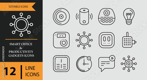 Smart office and productivity gadgets icons in line style for business and technology