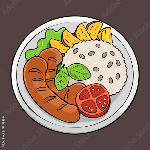 Grilled sausage with rice and tomato slices on dark wooden plate - Vector Illustration
