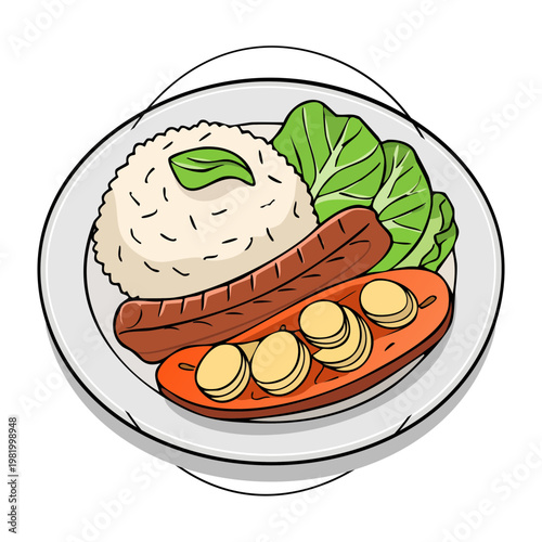 Savory meat slices with rice and tomato on white ceramic plate - Vector Illustration
