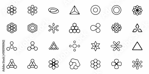A set of minimalist geometric and molecular structure icons in a flat vector style