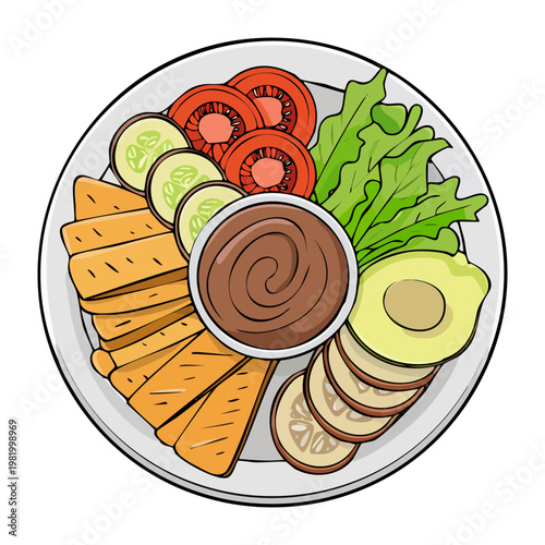 Mixed vegetable salad with crackers and savory dressing on white plate - Vector Illustration