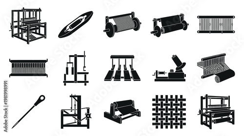 Textile Industry Weaving Machines and Tools Glyph Icons Set