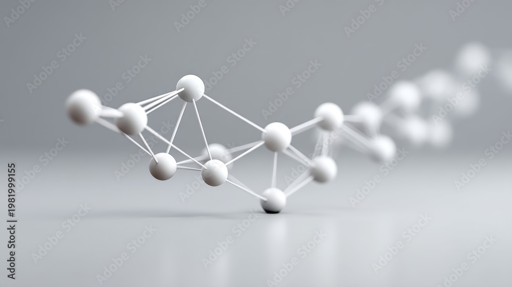 Obraz premium Abstract representation of molecular structure with white spheres and connecting lines on a blurred background showcasing scientific concepts and innovation