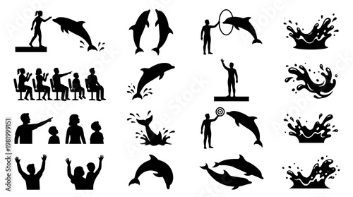 Dolphin Show Icons: Trainer, Audience, Jumping, Water Splash - Vector Art
