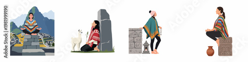A series of illustrations showing women practicing yoga and meditation in traditional colorful Andean ponchos at historical sites like Machu Picchu in Peru.