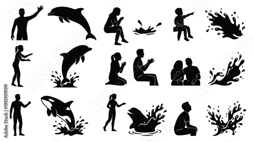 Black  White Silhouettes of People and Dolphins in Water