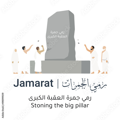 Stoning of the Devil Illustration, Jamarat Ritual in Hajj, Muslims Throwing Stones, Islamic Pilgrimage Vector