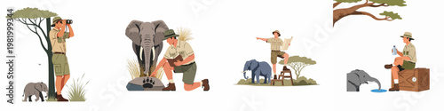 Set of safari explorer illustrations featuring park rangers observing, tracking, and interacting with African elephants in the savanna wildlife environment.