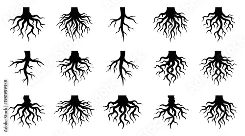 Diverse Black  White Root System Icons - Nature, Growth, Strength
