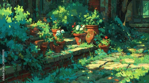 Lush garden steps feature terracotta planters filled with bright blossoms and vibrant foliage