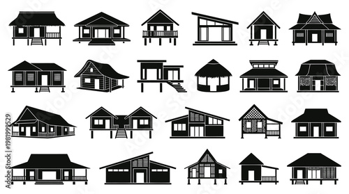 Tropical  Asian Traditional House and Modern Home Architecture Silhouette Icons Set