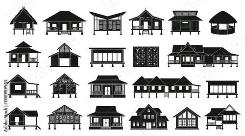 Architecture Traditional Houses Silhouette Icons Set. Tropical Stilt Homes Glyphs Collection.