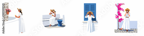 Four flat illustrations of a woman in a white dress and straw hat enjoying a Mediterranean vacation with scenic views and local architecture.