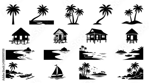Tropical Beach Silhouette Icons: Palm Trees, Bungalows, Boats, Islands