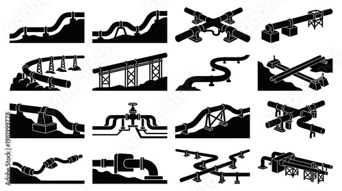 Black  White Vector Icons of Industrial Pipeline Systems