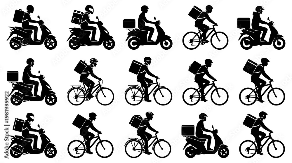 Naklejka premium Delivery rider on scooter and bicycle set, food delivery icon, vector silhouette