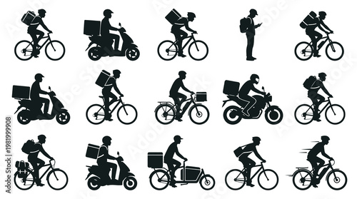 Delivery Service Icons: Cyclists, Scooters, Motorcycles, Black Silhouette
