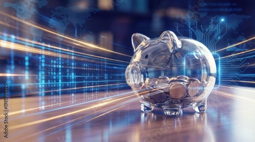 Glass piggy bank filled with coins against a vibrant, futuristic digital backdrop symbolizing financial growth and investment opportunities