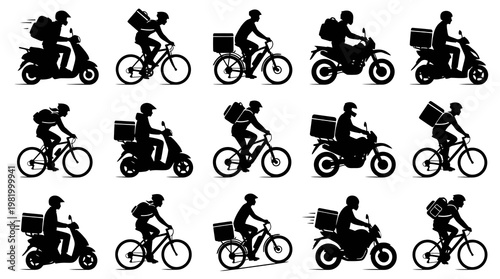 Delivery Service: Biker, Scooter, Motorcycle Silhouettes - Black  White Icons