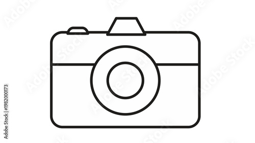 Minimalist black line vector icon of a digital photo camera, isolated on a white background. Simple outline illustration for photography, media, technology, and creative design concepts.