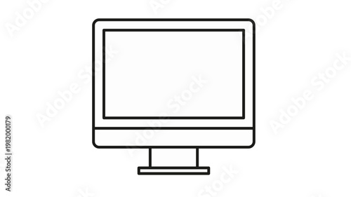 Sleek black line art vector icon illustration of a flat screen computer monitor or desktop display with a stand, minimalist digital hardware symbol for technology and office workspace concepts.