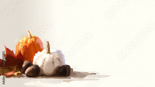 Harvest bounty featuring orange and white gourds alongside nuts and foliage rests on a pale surface