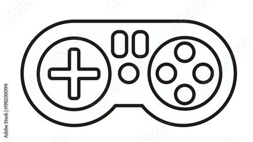 Minimalist black outline vector icon of a classic video game controller gamepad for gaming console, electronic entertainment symbol, scalable illustration for web and mobile app design.