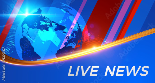 Breaking news vector background blue red earth globe dynamic lines. For news website header, social media story, mobile app splash, video stream live thumbnail. Real-time global digital coverage.