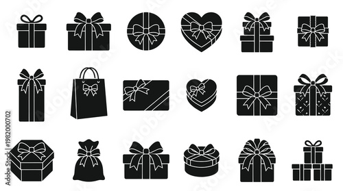 Gift Boxes and Presents Black and White Glyph Icons Set for Holiday, Celebration, and Shopping