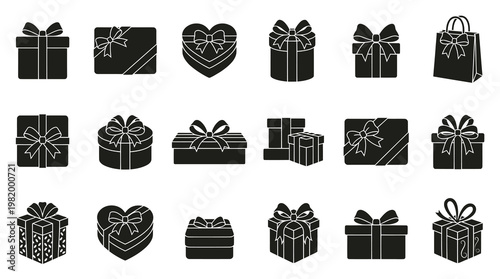 Black  White Gift Box and Present Icons for Celebration, Holiday, and Retail Gifting Design