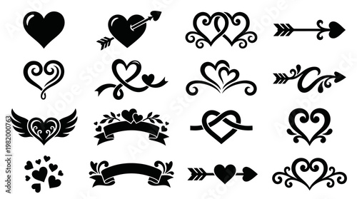 Romantic Black  White Heart and Arrow Glyphs Vector Set for Love and Valentine's Day Designs