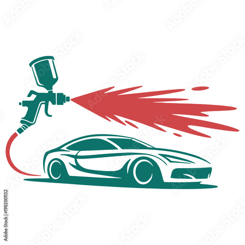 Car being painted with a spray gun and vibrant red paint