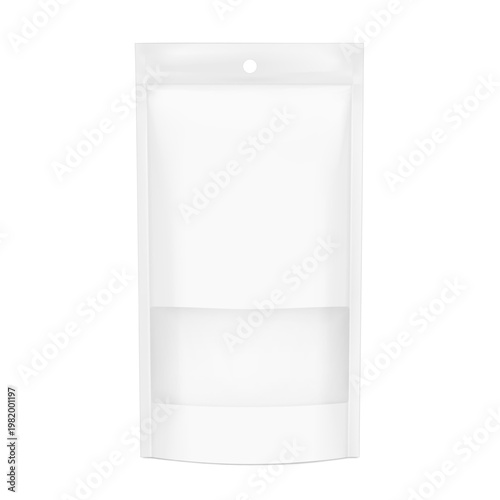 Realistic stand up pouch bag mockup with clear window and hole slot. Vector illustration isolated on white background. Easy to make a realistic mockup of your product. EPS10.